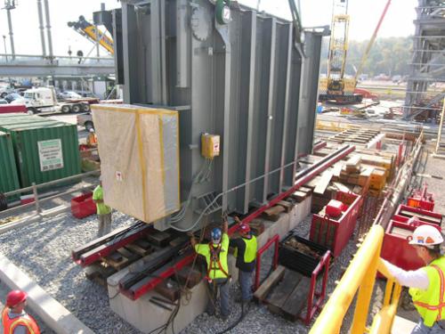 HT500 Heavy Track skidding system placing a Transformer onto its pad - courtesy of George Young Co.